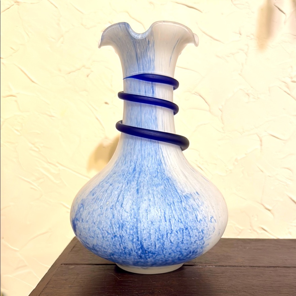 Murano Glass Ware Crystal Clear Made in Italy, White and Blue Art Glass Vase